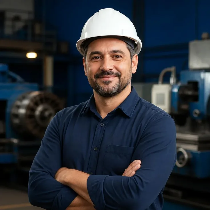 Imagem ilustrativa de um engenheiro mecânico com capacete branco e camisa azul marinho