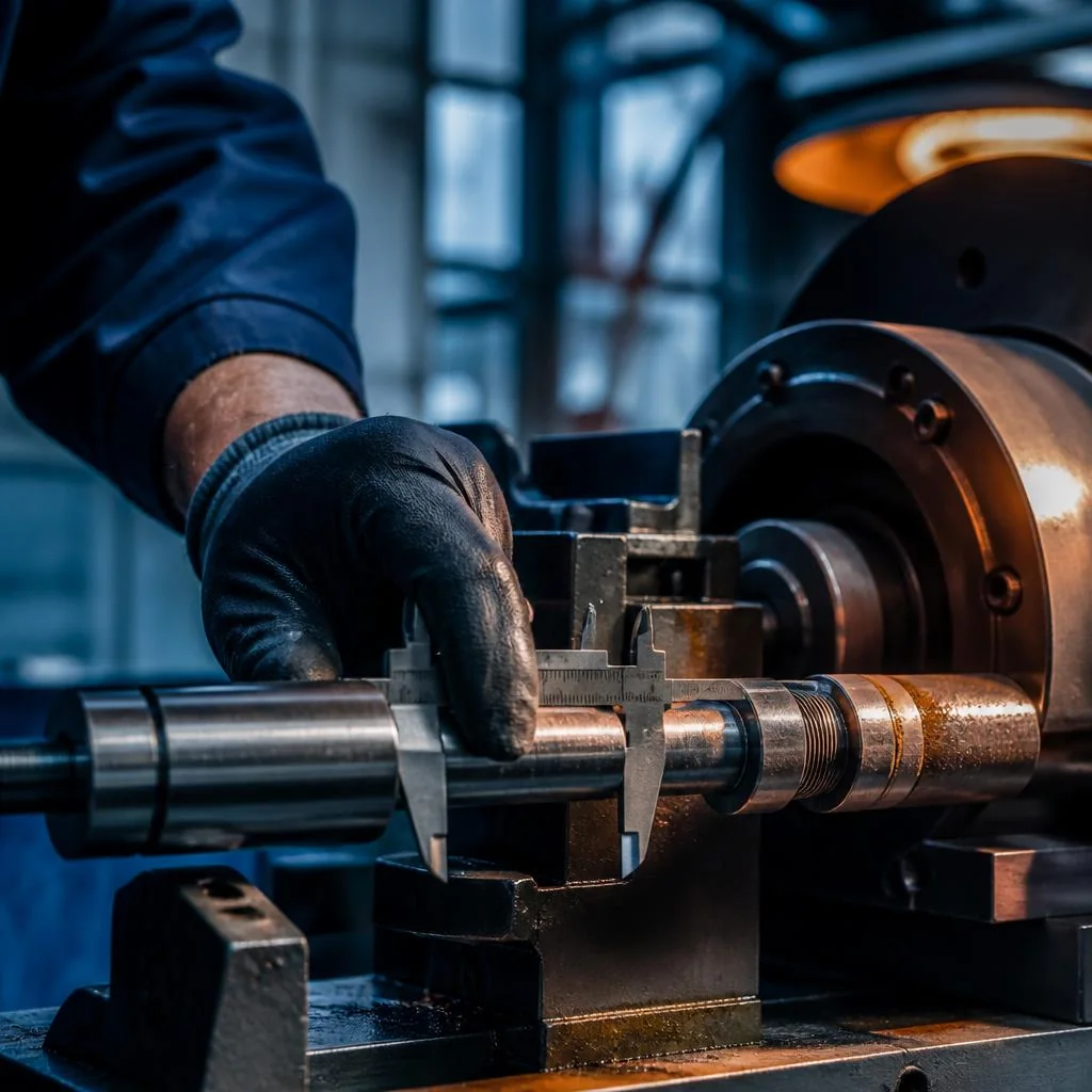 Engenheiro verifica componentes de uma máquina em ambiente industrial