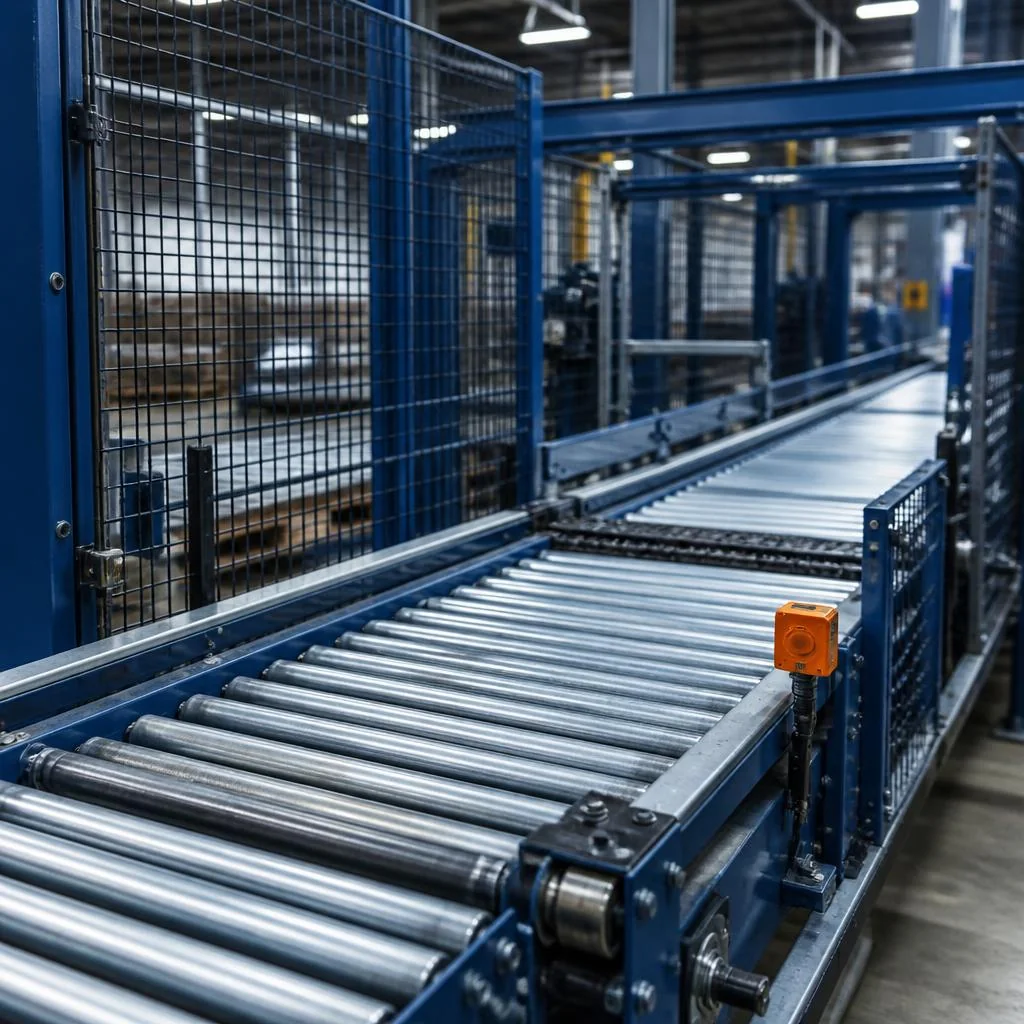 Sistema de transporte industrial com roletes e proteções