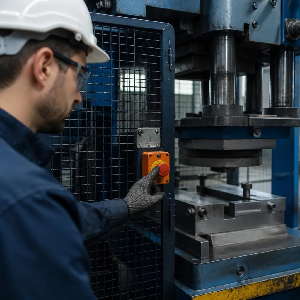 Proteção mecânica e comando de parada em máquina industrial