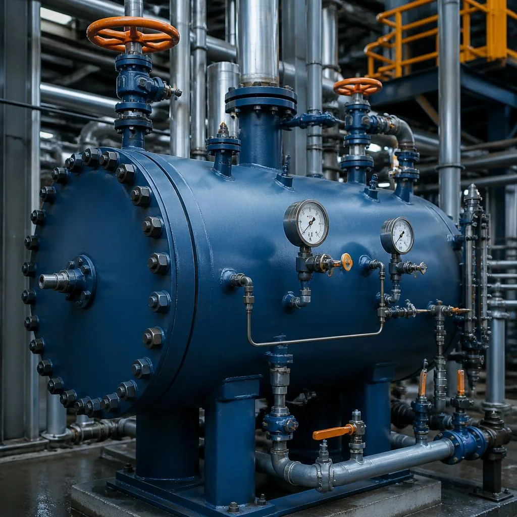 Vaso de pressão industrial com válvulas, tubulação e manômetros