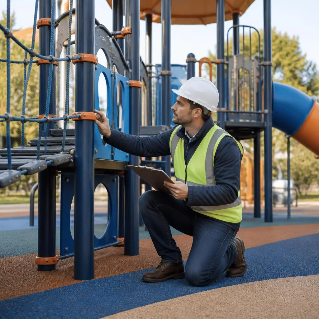 Estrutura de playground sendo inspecionada em área externa
