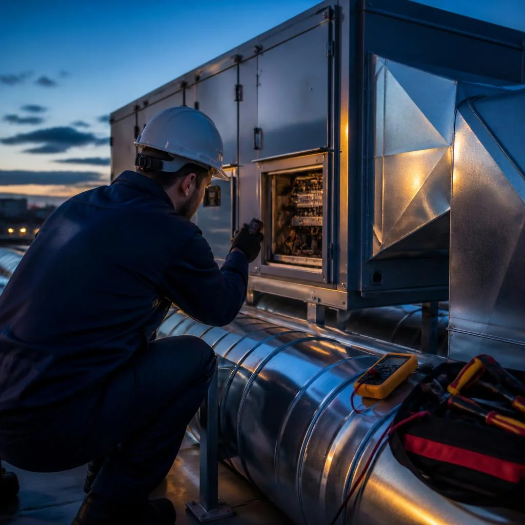 Unidade de climatização industrial e dutos em ambiente técnico