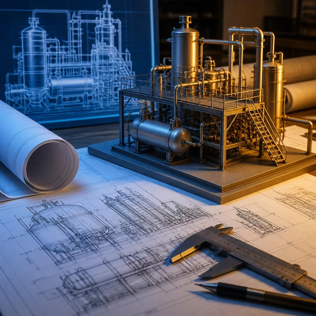 Desenhos de engenharia e componentes mecânicos em mesa de projeto