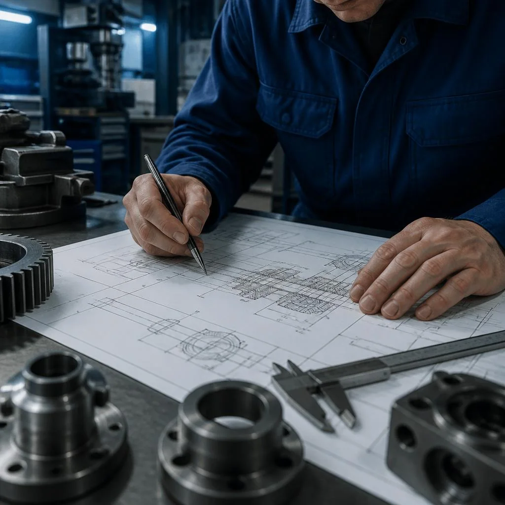 Desenhos técnicos e instrumentos em bancada de engenharia